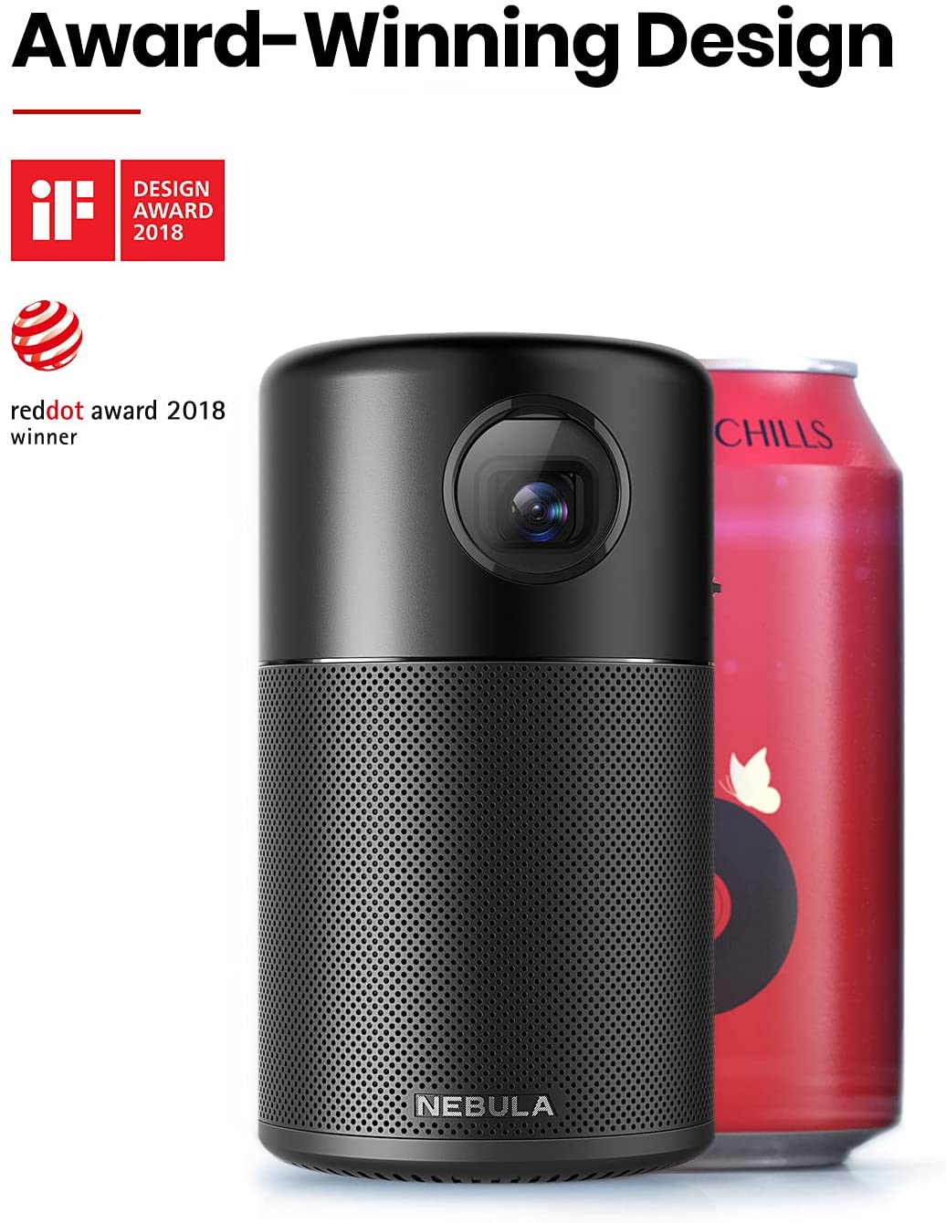 A Capsule portable projector sits in a white room next to a can of soda, while a graphic above shows a Reddot award logo.