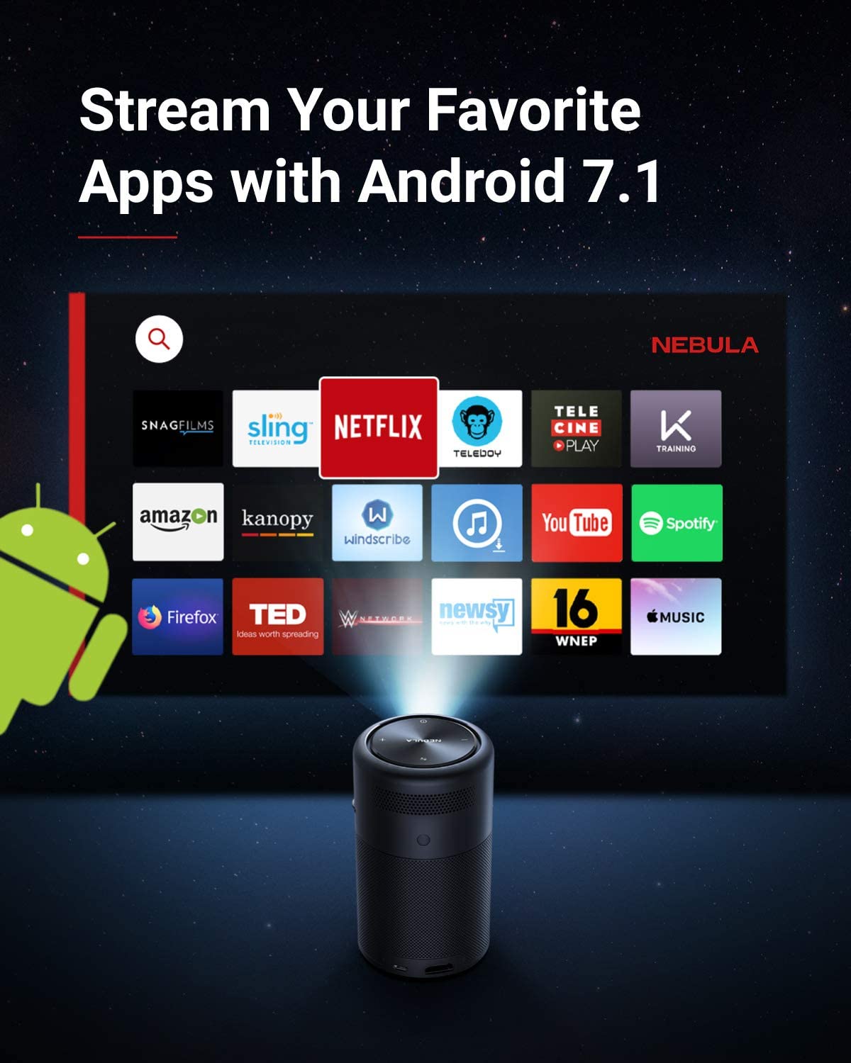 A Capsule portable projector displays several apps while the Android logo peeks from outside the screen.